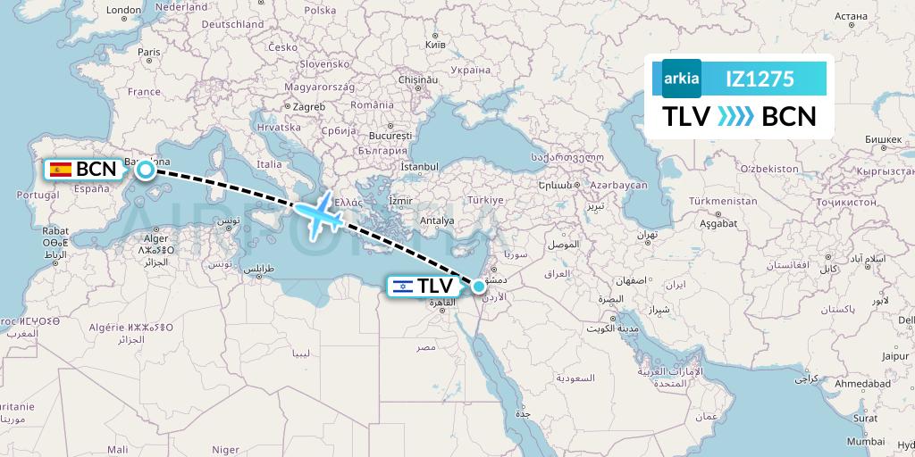 IZ1275 Arkia Israeli Airlines Flight Map: Tel Aviv to Barcelona