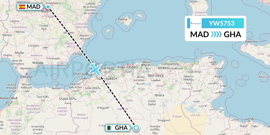 YW5753 Air Nostrum Flight Map: Madrid to Ghardaia