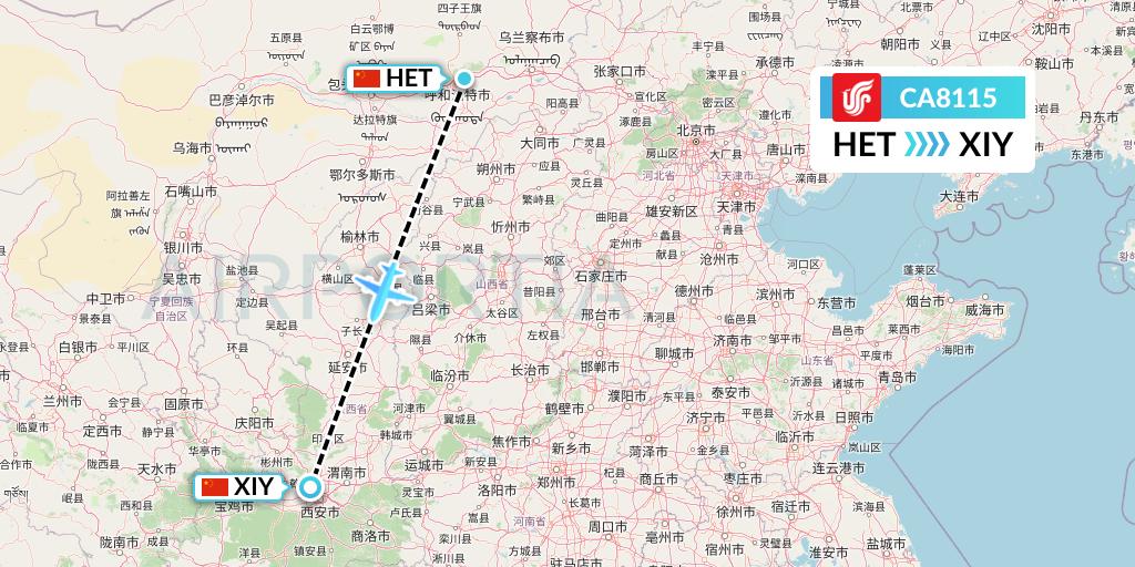 CA8115 Air China Flight Map: Hohhot to Xi'an