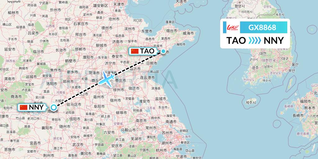 GX8868 GX Airlines Flight Map: Qingdao to Nanyang