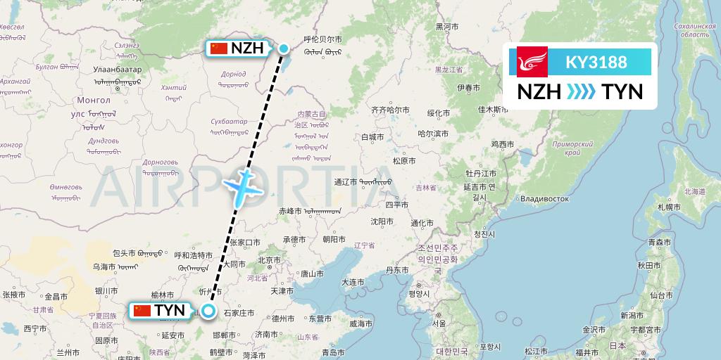 KY3188 Kunming Airlines Flight Map: Manzhouli to Taiyuan