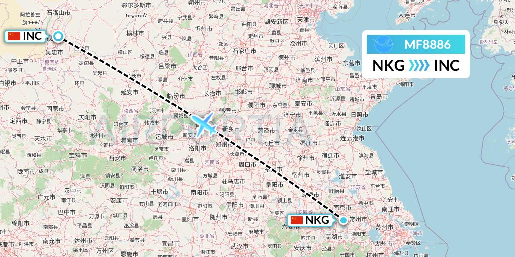 MF8886 Xiamen Airlines Flight Map: Nanjing to Yinchuan