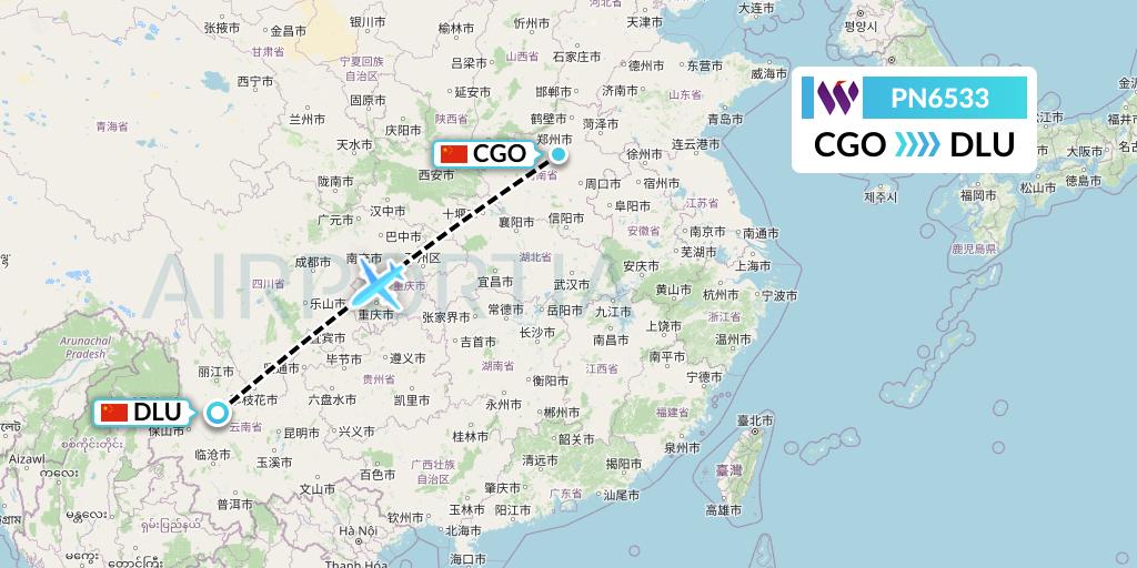 PN6533 China West Air Flight Map: Zhengzhou to Dali
