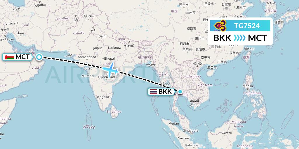 TG7524 Thai Airways Flight Map: Bangkok to Muscat