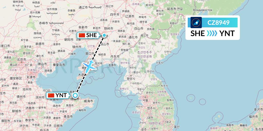 CZ8949 China Southern Airlines Flight Map: Shenyang to Yantai