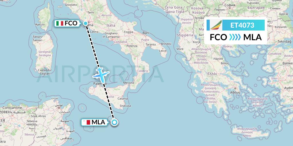 ET4073 Ethiopian Airlines Flight Map: Rome to Malta