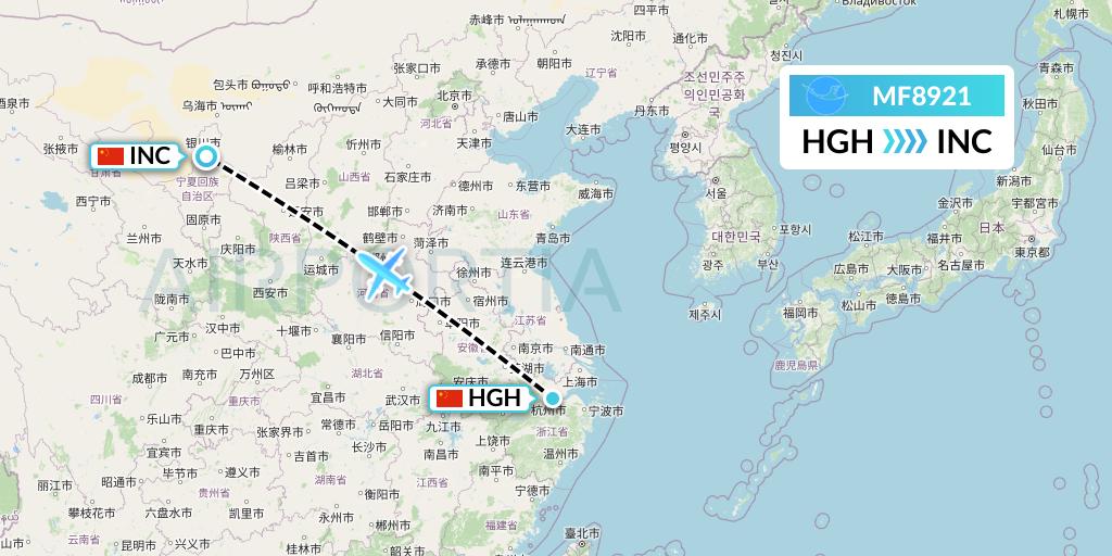 MF8921 Xiamen Airlines Flight Map: Hangzhou to Yinchuan