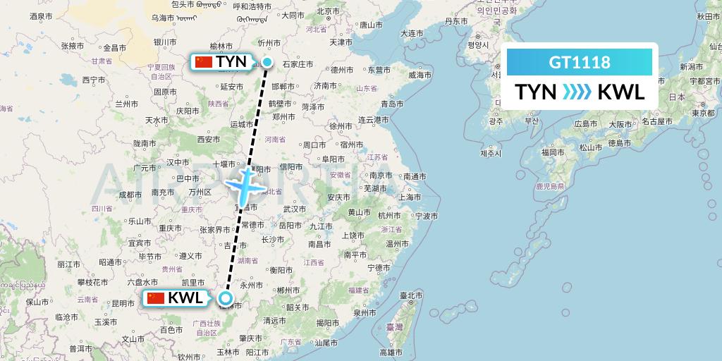GT1118 Air Guilin Flight Map: Taiyuan to Guilin