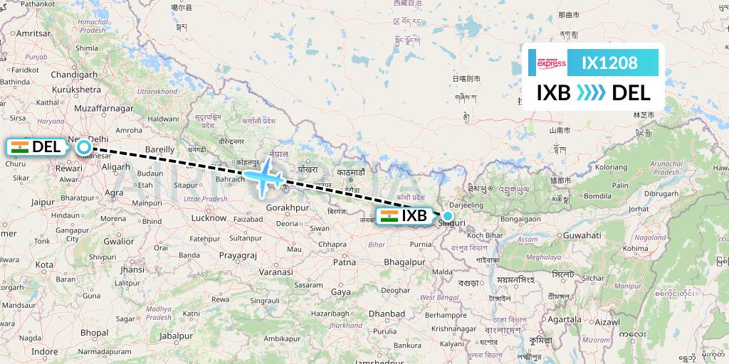 IX1208 Air India Express Flight Map: Siliguri to Delhi
