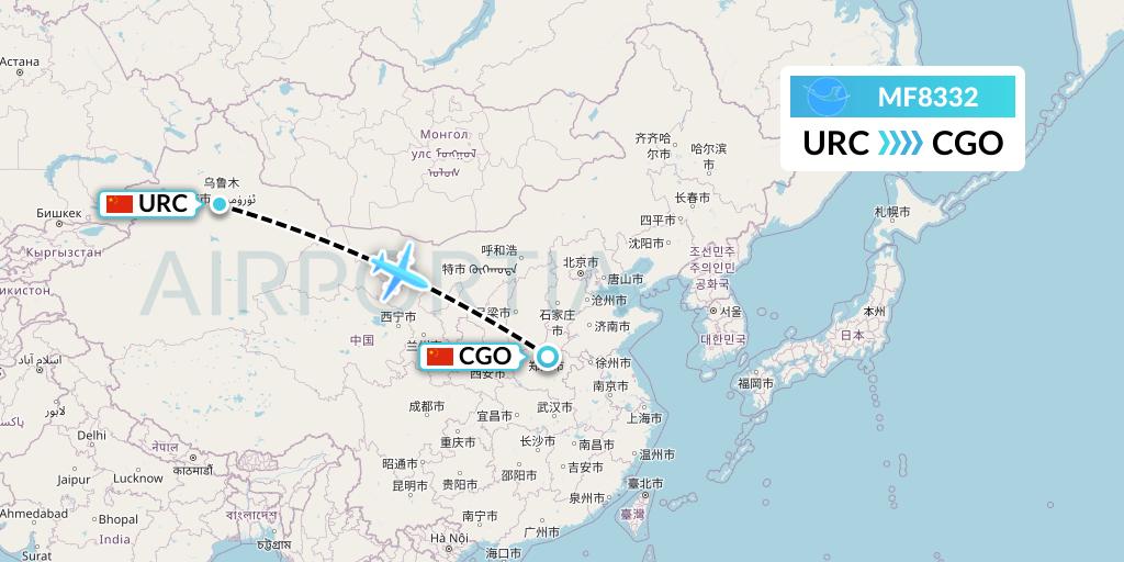 MF8332 Xiamen Airlines Flight Map: Urumqi to Zhengzhou