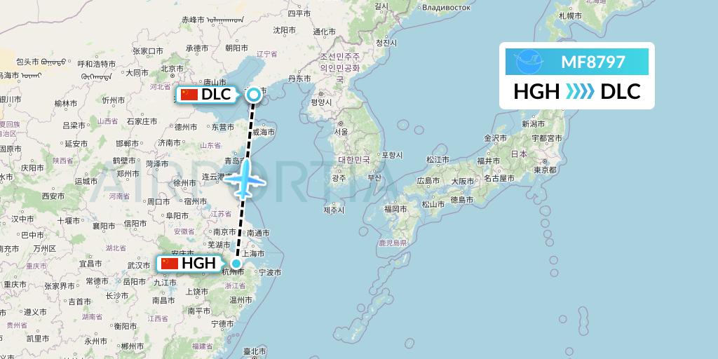 MF8797 Xiamen Airlines Flight Map: Hangzhou to Dalian