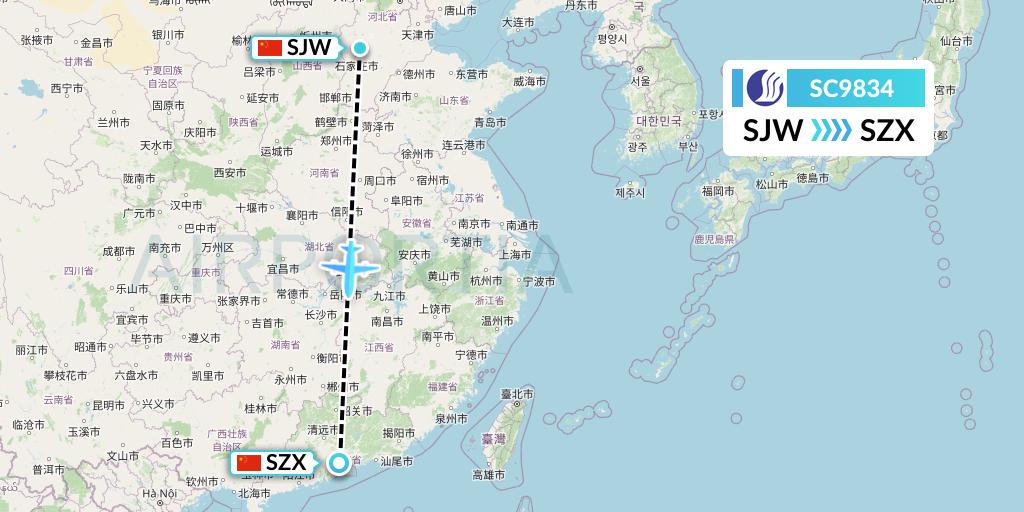 SC9834 Shandong Airlines Flight Map: Shijiazhuang to Shenzhen
