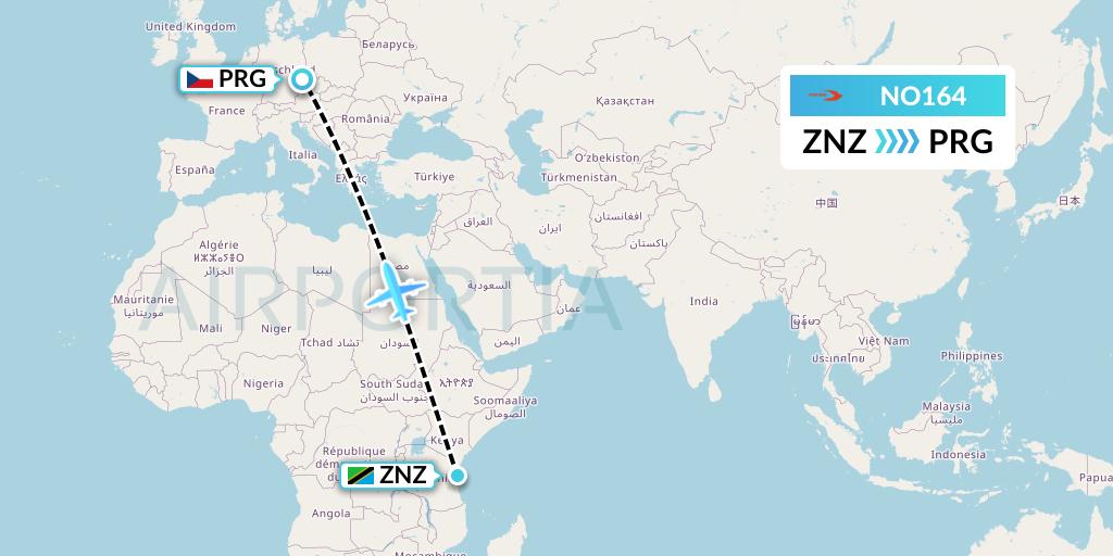 NO164 Neos Flight Map: Zanzibar to Prague