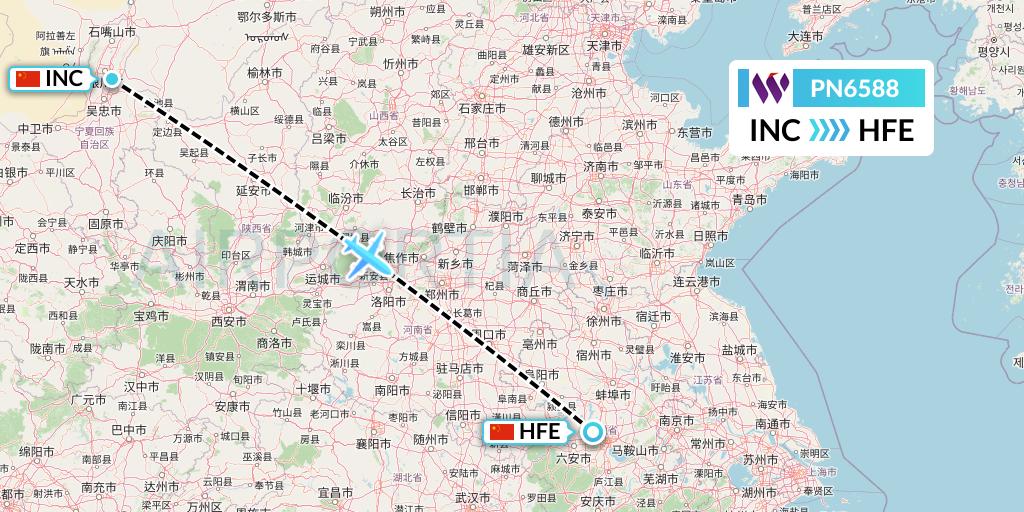 PN6588 China West Air Flight Map: Yinchuan to Hefei