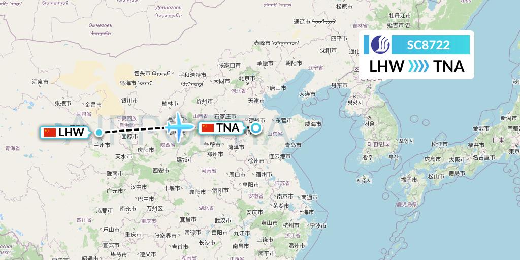 SC8722 Shandong Airlines Flight Map: Lanzhou to Jinan