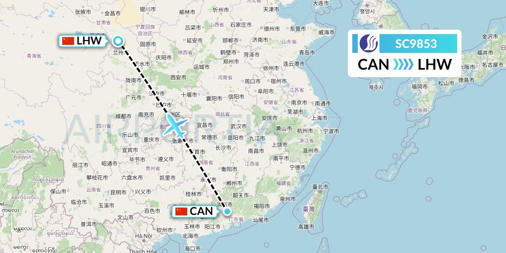 SC9853 Shandong Airlines Flight Map: Guangzhou to Lanzhou