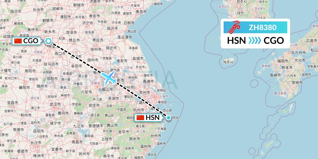 ZH8380 Shenzhen Airlines Flight Map: Zhoushan to Zhengzhou