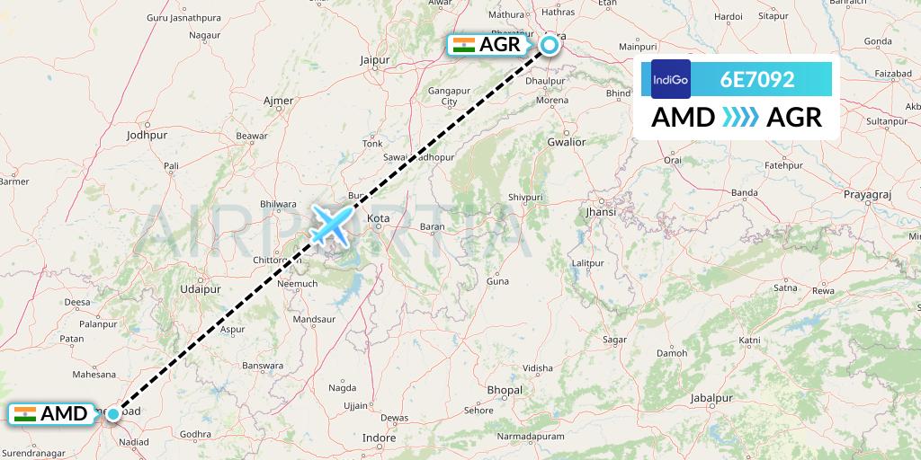 6E7092 IndiGo Airlines Flight Map: Ahmedabad to Agra