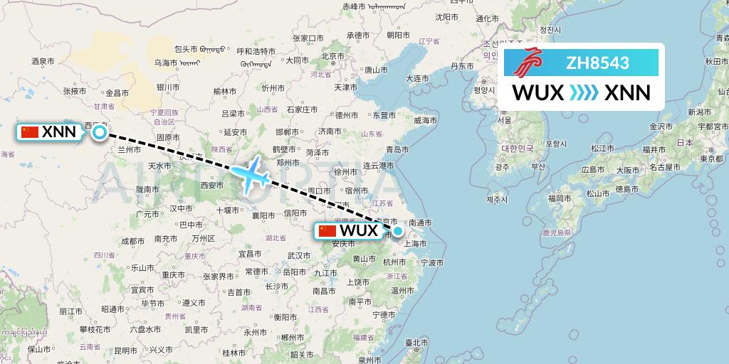 ZH8543 Shenzhen Airlines Flight Map: Wuxi to Xining