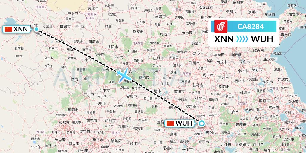 CA8284 Air China Flight Map: Xining to Wuhan