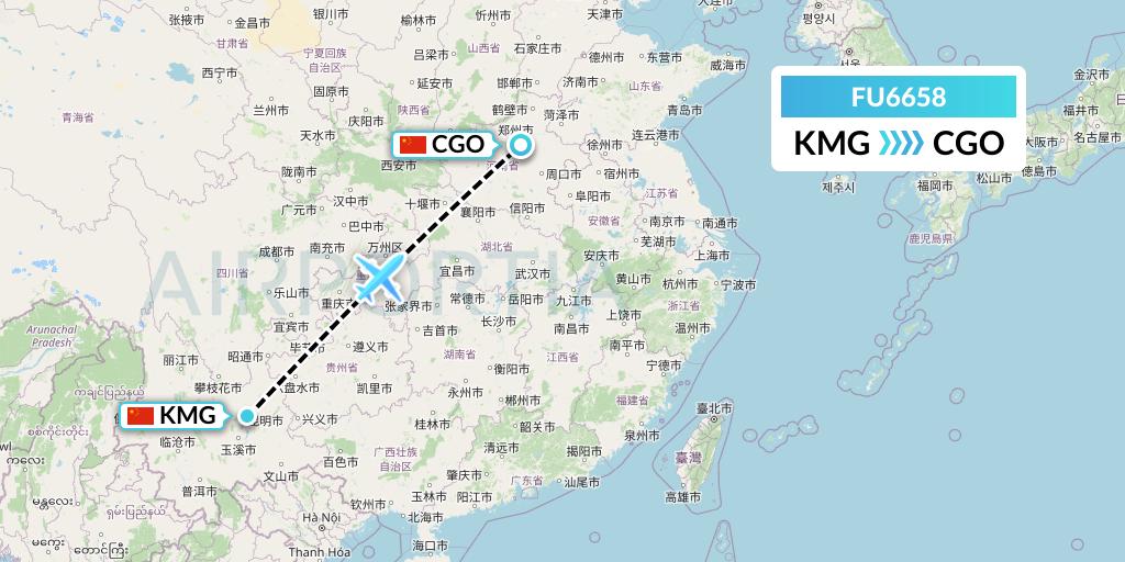 FU6658 Fuzhou Airlines Flight Map: Kunming to Zhengzhou