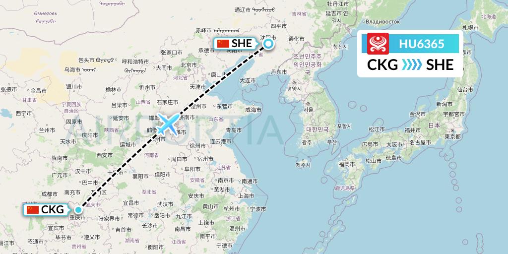 HU6365 Hainan Airlines Flight Map: Chongqing to Shenyang