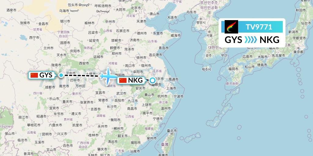 TV9771 Tibet Airlines Flight Map: Guangyuan to Nanjing