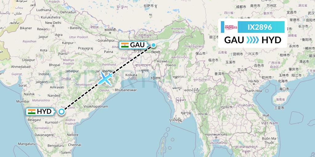 IX2896 Air India Express Flight Map: Guwahati to Hyderabad
