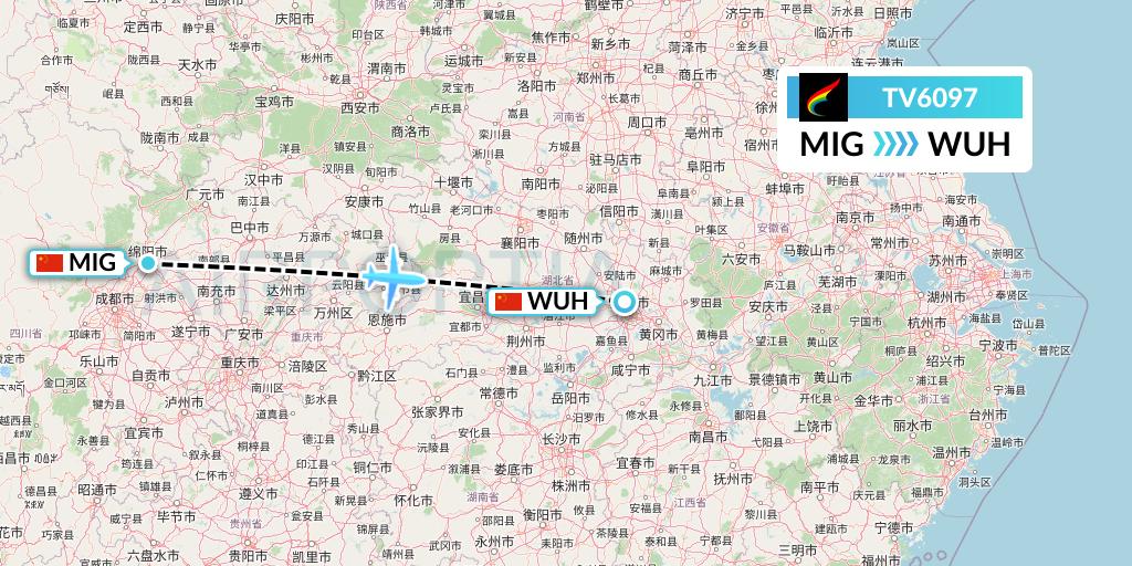 TV6097 Tibet Airlines Flight Map: Mianyang to Wuhan