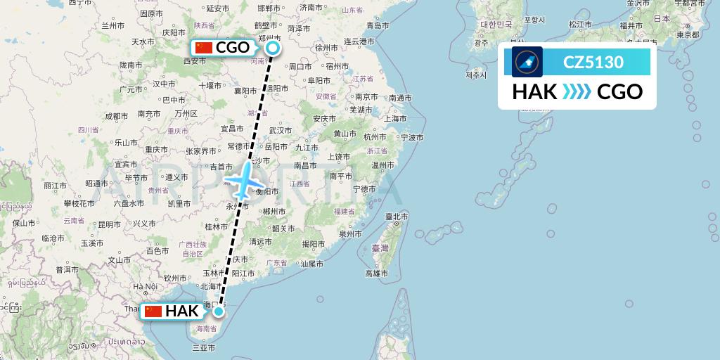 CZ5130 China Southern Airlines Flight Map: Haikou to Zhengzhou