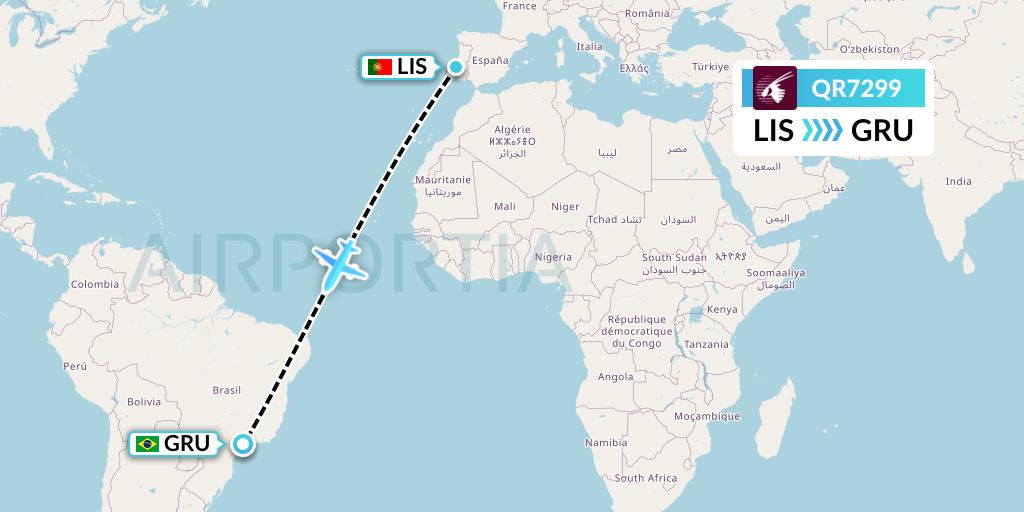 QR7299 Qatar Airways Flight Map: Lisbon to Sao Paulo