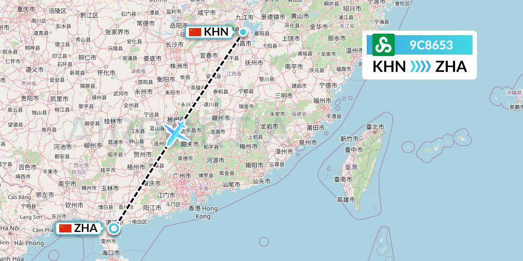 9C8653 Spring Airlines Flight Map: Nanchang to Zhanjiang