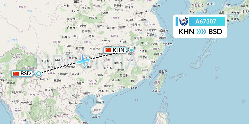 A67307 Hongtu Airlines Flight Map: Nanchang to Baoshan