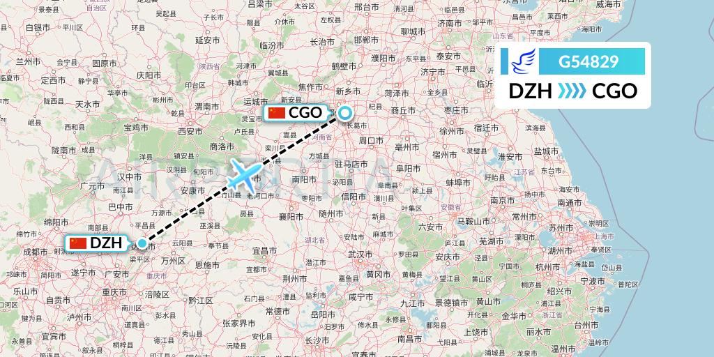 G54829 China Express Airlines Flight Map: Dazhou to Zhengzhou