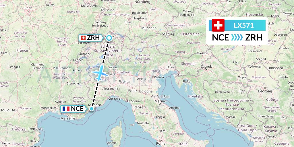 LX571 Swiss Flight Map: Nice to Zurich