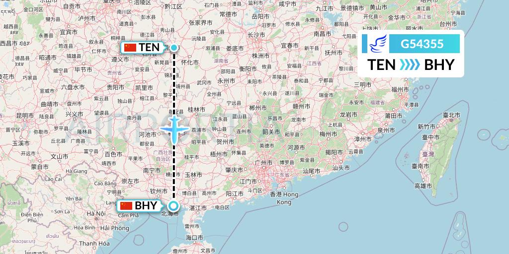 G54355 China Express Airlines Flight Map: Tongren to Beihai