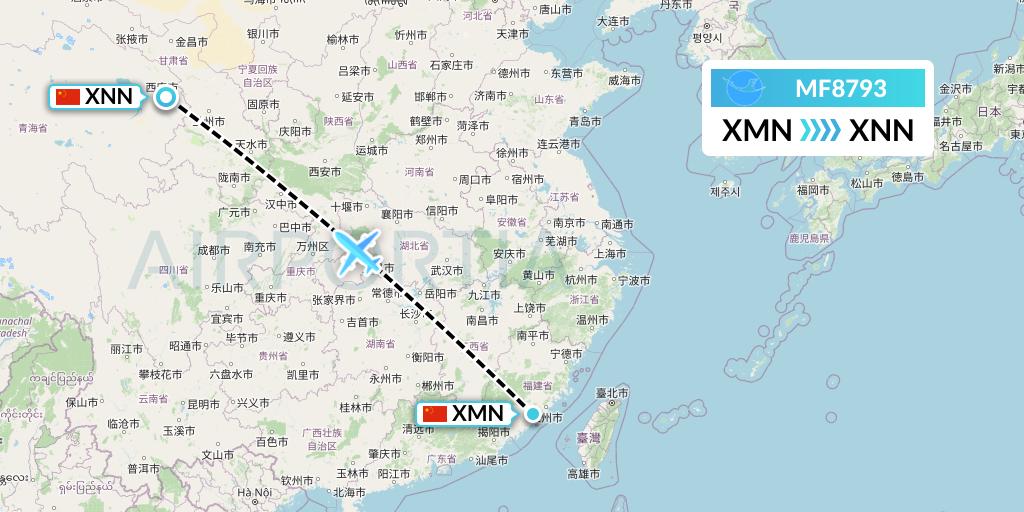 MF8793 Xiamen Airlines Flight Map: Xiamen to Xining