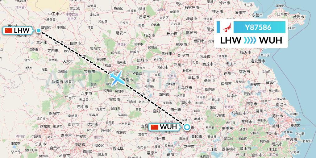 Y87586 Yangtze River Express Flight Map: Lanzhou to Wuhan