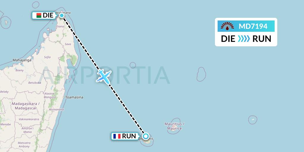 MD7194 Air Madagascar Flight Map: Madagascar to Saint-Denis