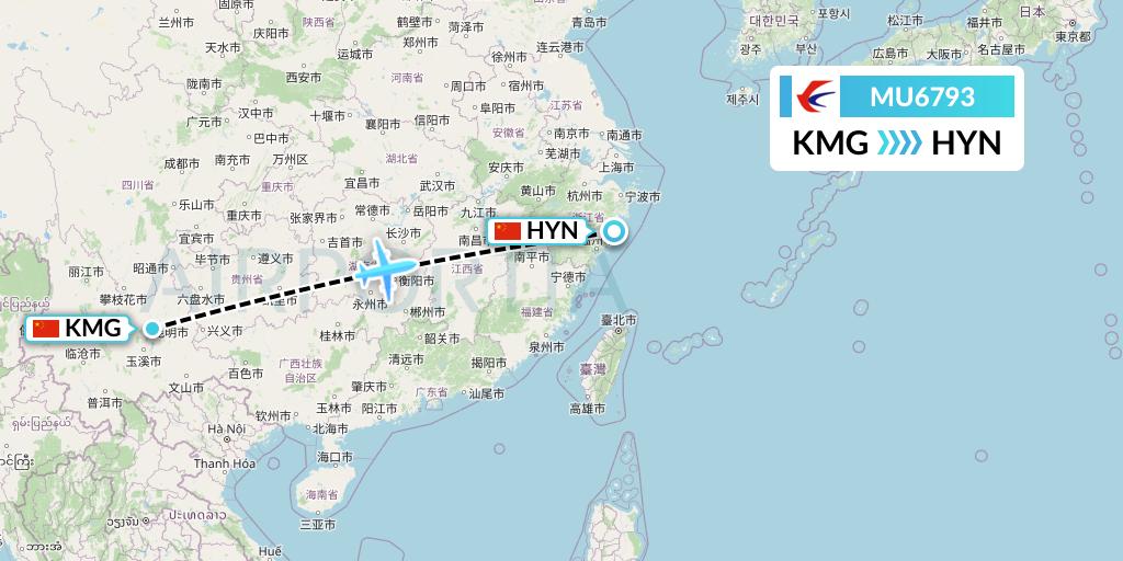MU6793 China Eastern Airlines Flight Map: Kunming to Huangyan