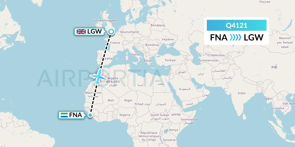 Q4121 Euroairlines Flight Map: Freetown to London