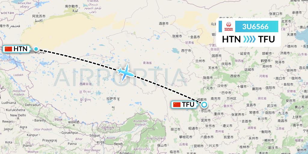 3U6566 Sichuan Airlines Flight Map: Hotan to Chengdu