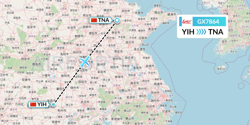GX7864 GX Airlines Flight Map: Yichang to Jinan
