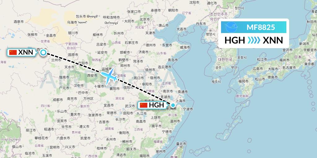MF8825 Xiamen Airlines Flight Map: Hangzhou to Xining
