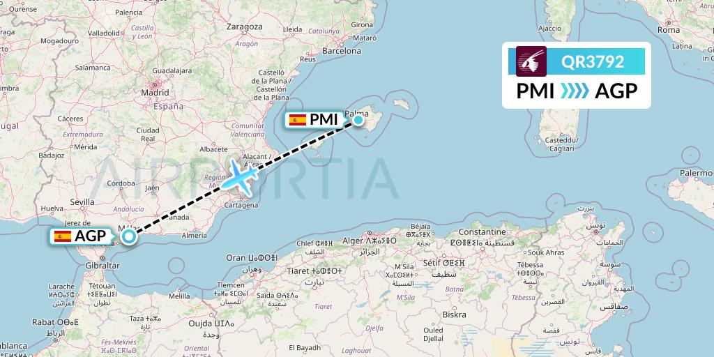 QR3792 Qatar Airways Flight Map: Palma de Mallorca to Malaga