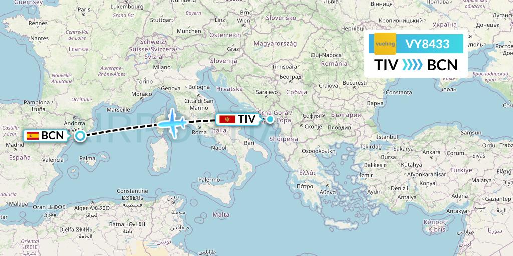 VY8433 Vueling Flight Map: Tivat to Barcelona