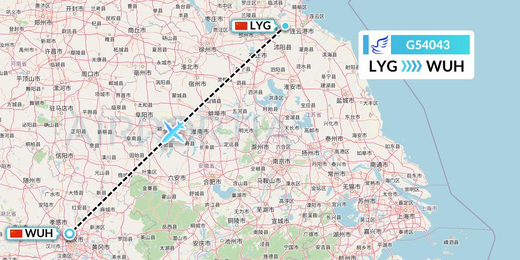 G54043 China Express Airlines Flight Map: Lianyungang to Wuhan