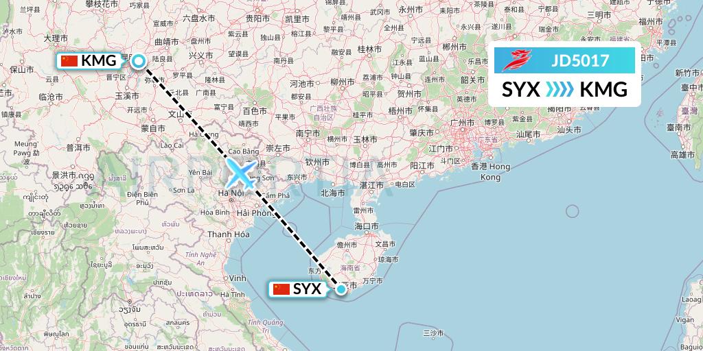 JD5017 Capital Airlines Flight Map: Sanya to Kunming