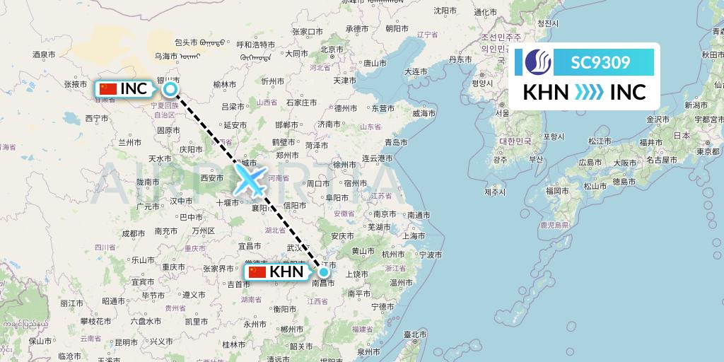 SC9309 Shandong Airlines Flight Map: Nanchang to Yinchuan