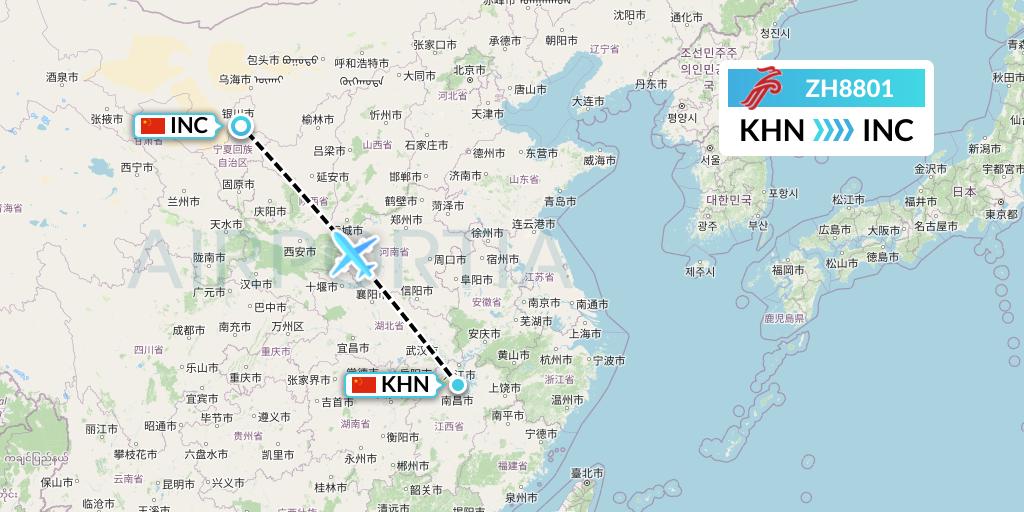 ZH8801 Shenzhen Airlines Flight Map: Nanchang to Yinchuan
